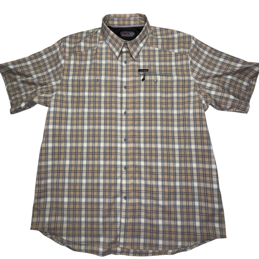 Wrangler Outdoor Plaid Shirt Mens XL Short Sleeve Hiking Fishing Vent Tan Blue